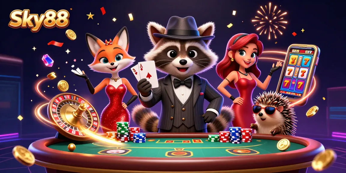 Engage with Sky88's vibrant casino scene featuring unique characters and dynamic gambling elements.