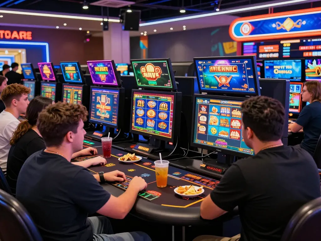 Players engaged in online gambling at MM88 casino with vibrant screens and snacks.