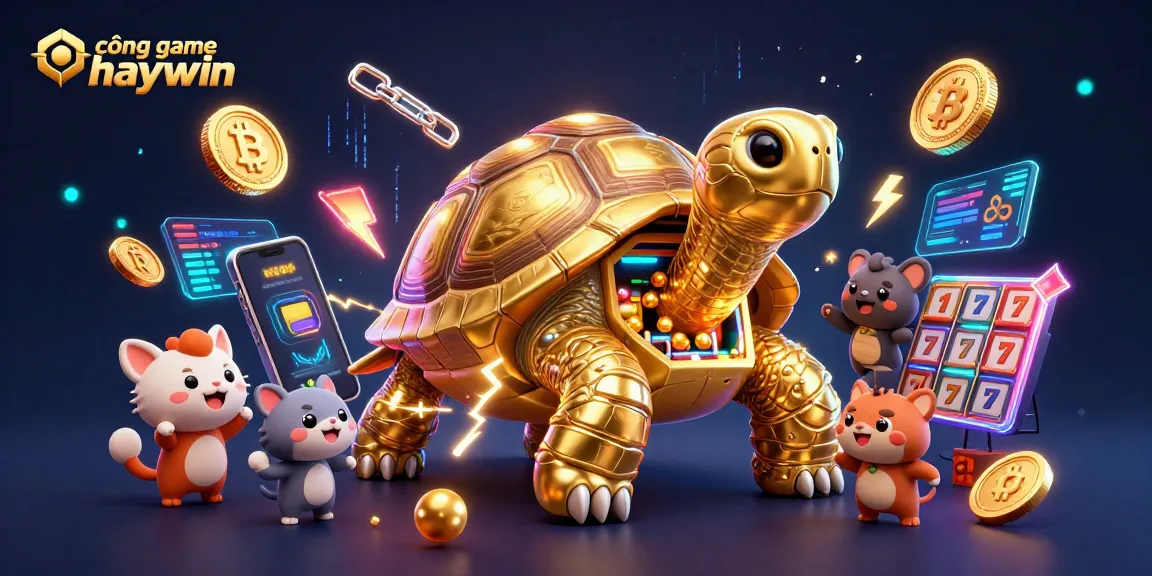 Engage with the thrilling cổng game haywin experience, featuring a golden tortoise pinball machine amidst vibrant casino elements.