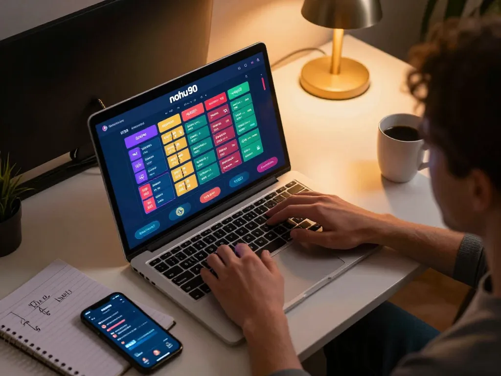 Nohu90 user's exciting online betting experience on a laptop with vibrant interface and strategic notes.