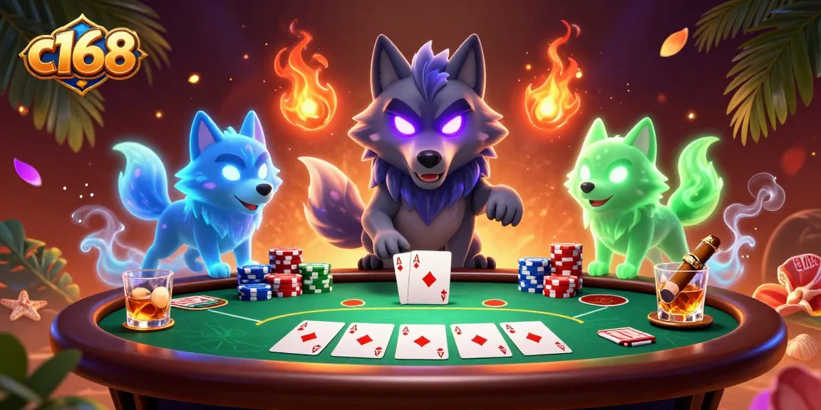 C168 players enjoy an exciting poker game surrounded by vibrant casino elements and glowing energy.