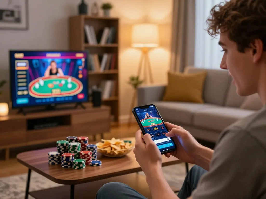 Using the link 789win on a smartphone for online gambling, showcasing an engaging home gaming setup.