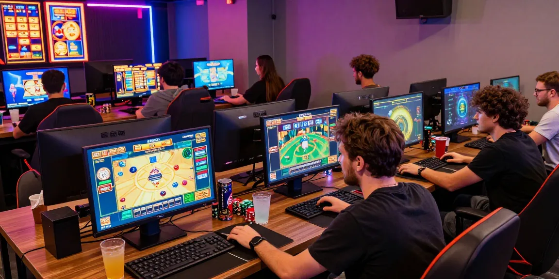 Exciting scene of diverse players enjoying slot deposit 5000 games at a vibrant gaming lounge.
