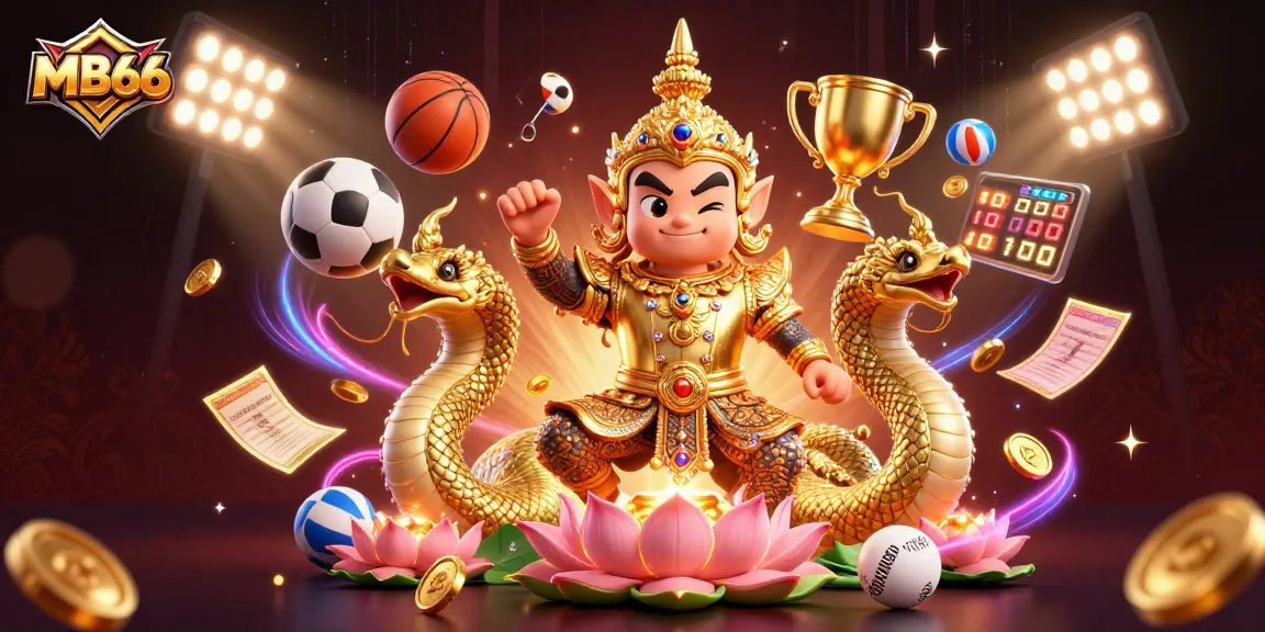 Experience thrilling gaming action with MB66, featuring a vibrant 3D guardian and dynamic sports elements.
