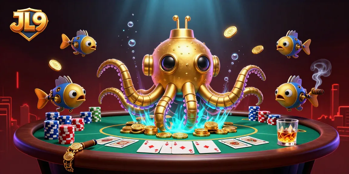 JL9 players engage in poker action with a golden kraken submarine amidst a vibrant casino scene.