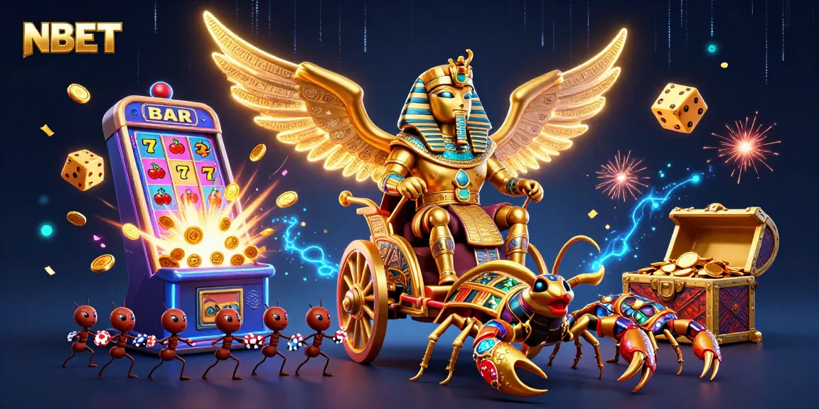 Experience excitement at NBET with a golden scarab beetle in a dynamic casino scene.
