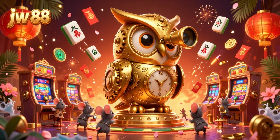 Experience the thrill of jw 88 casino with a lively scene featuring a golden owl, slot machines, and festive decorations.
