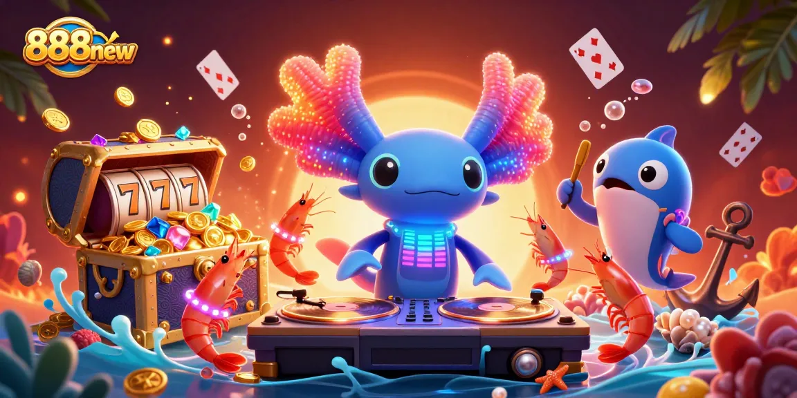 Spin the 888new jackpot reels with vibrant underwater party characters in a rich casino illustration.