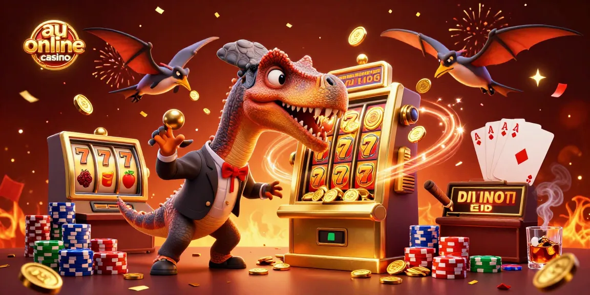 Catch the excitement at au online casino with a dinosaur hitting a jackpot, coins flying everywhere!