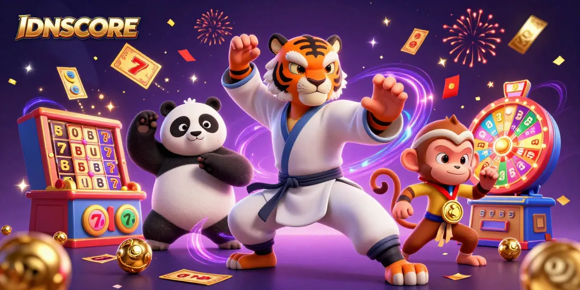 Experience the excitement of IDNSCORE with colorful slot reels and engaging characters celebrating wins.