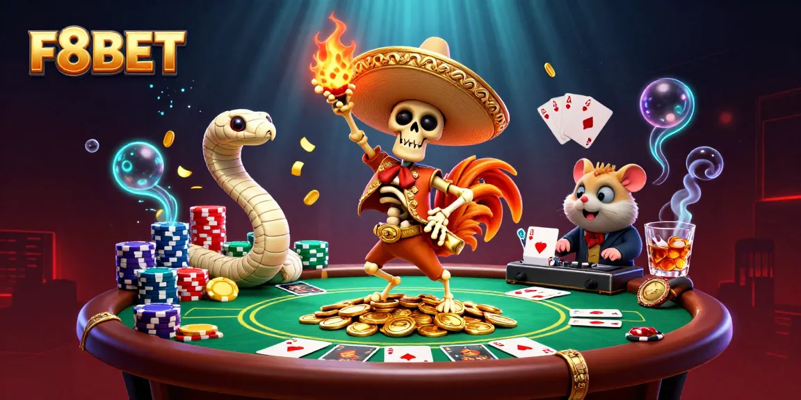F8BET highlights thrilling gaming with a mariachi rooster, mummy snake, and DJ hamster in a vibrant casino scene.