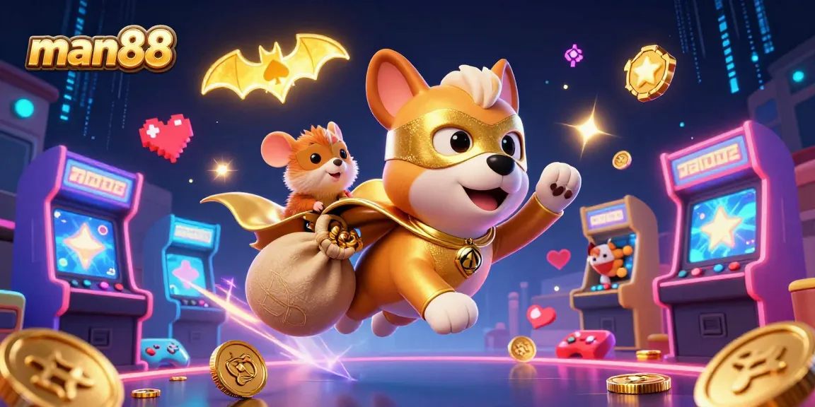 Engage with man88 to win big as a superhero dog flies with gold coins in a vibrant casino scene.