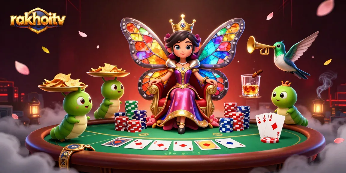 Experience rakhoitv's vibrant online casino atmosphere with a lively butterfly queen and gaming elements.