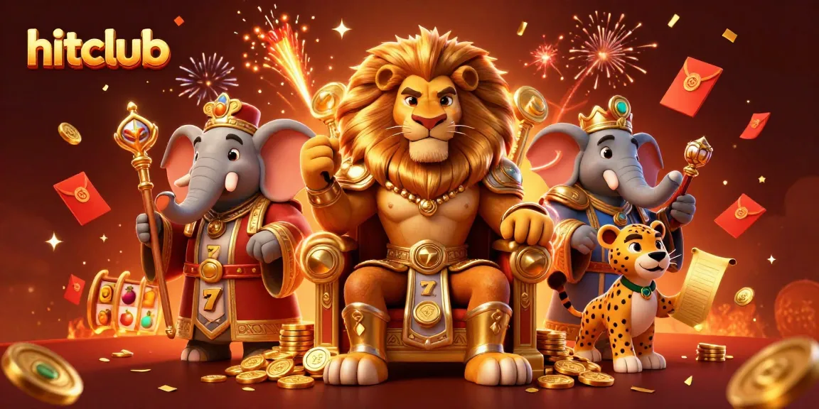 Experience the hitclub excitement with vibrant slot reels, a majestic lion king, and festive elements.