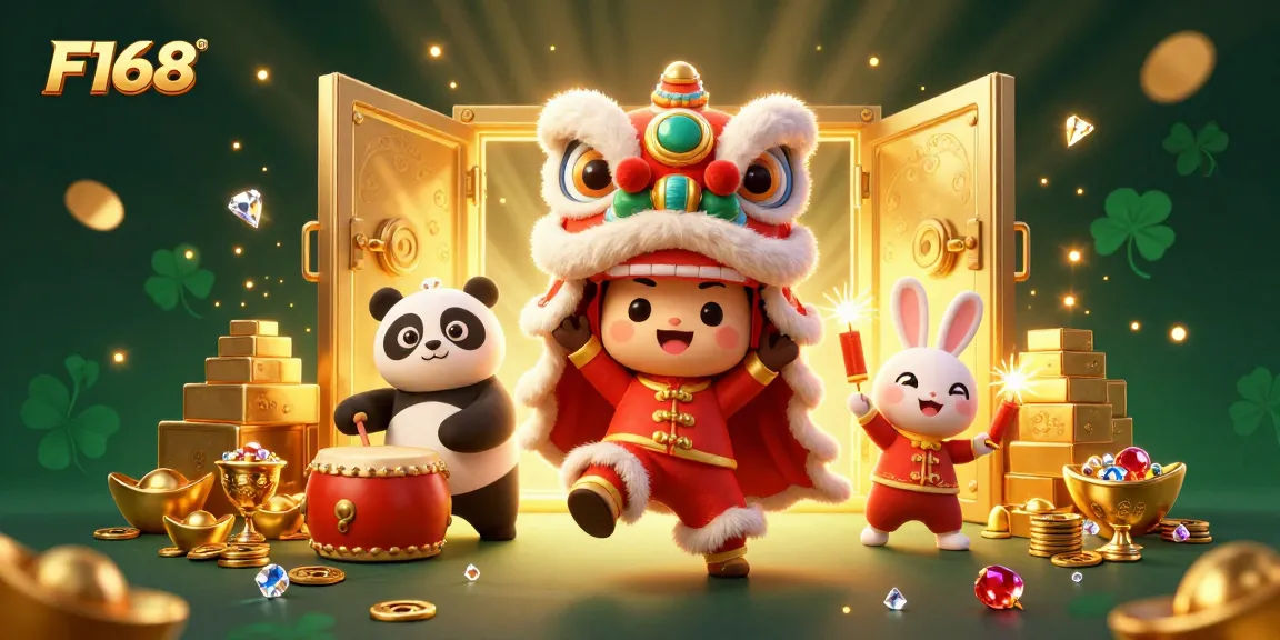 Experience the thrill at F168 with festive characters amidst a backdrop of sparkling treasures.