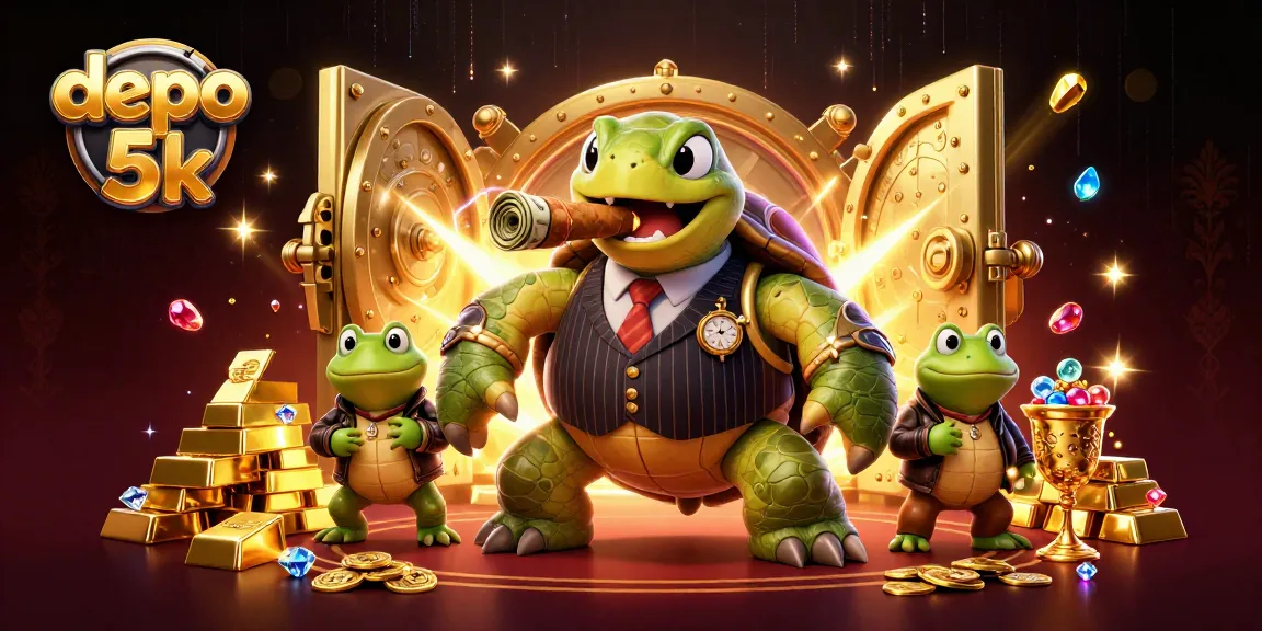 Play at depo 5k, featuring a vibrant scene with a snapping turtle in a casino setting surrounded by treasures and excitement.